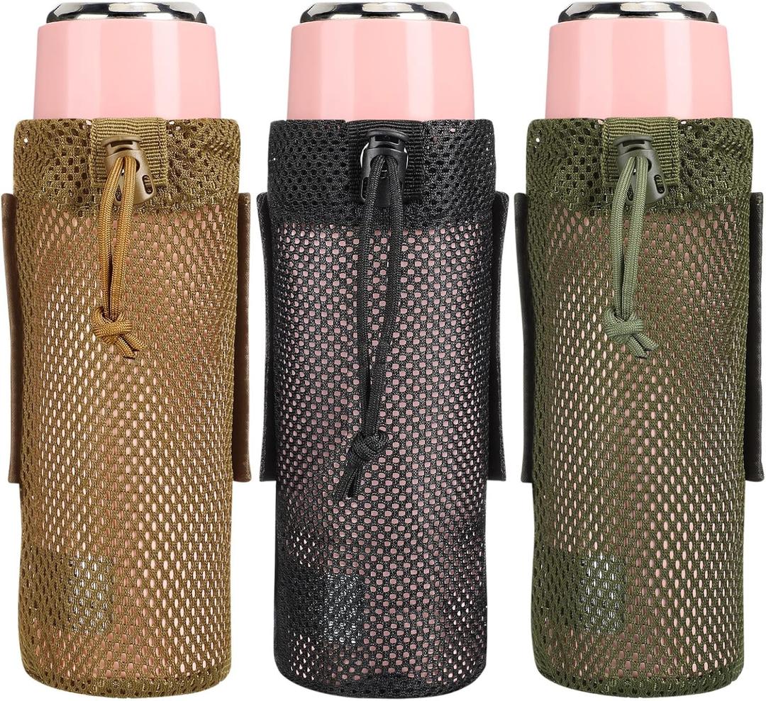 Chengu 3 Pcs Molle Water Bottle Holder Foldable Water Bottle Pouch for Backpack 17oz Mesh Cup Carrier Holster for Travel Bag, Drawstring Open Top