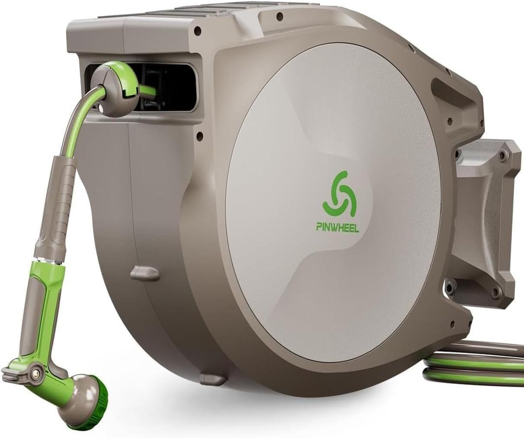 PINWHEEL 5/8in 100FT Retractable Garden Hose Reel, Automatic Retractable Hose with 10-Pattern Spray Nozzle, 180° Swivel Bracket, 3-Layer PVC Durable Water Hose for Yard Lawn Care (100 FT)