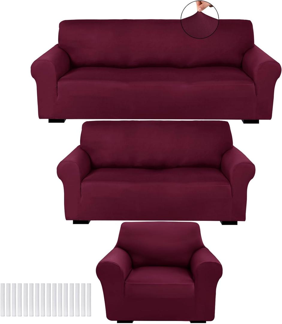 Peryiter 3 Pcs Slipcover Set for Couch Furniture Covers for Sofa Loveseat Couch Arm Chair, Form Fit Stretch, Wrinkle Free, Furniture Protector(Burgundy,Milk Silk Spandex)