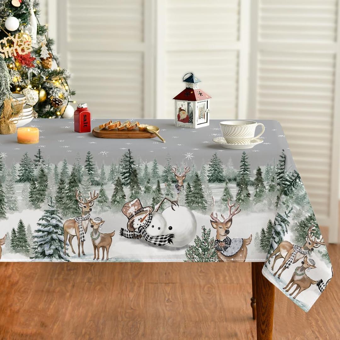 Horaldaily Christmas Tablecloth 60x60 Inch Square, Deers Snowman Trees Grey Washable Table Cover for Party Picnic Dinner Decor