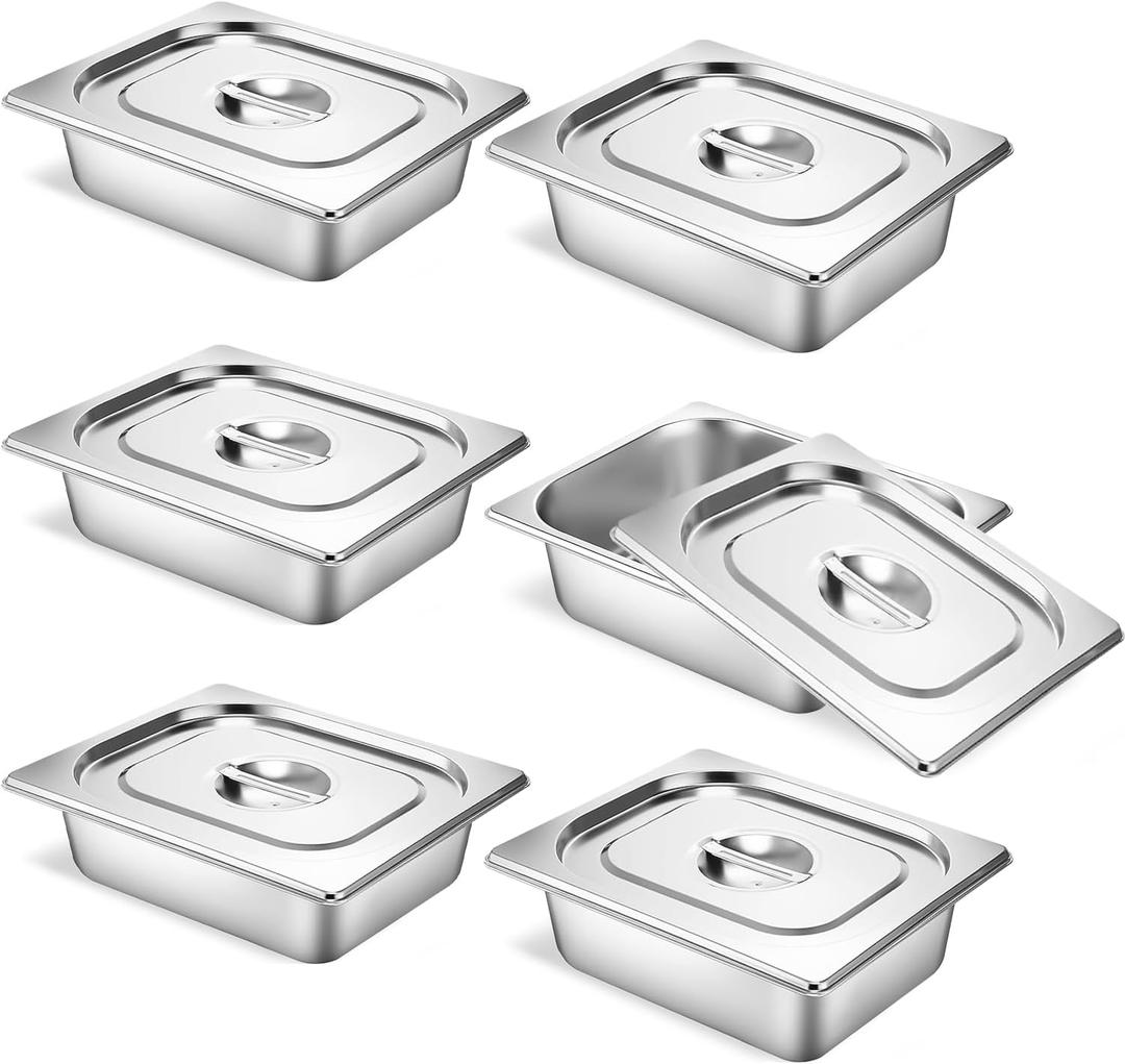 6 Set Stainless Steel Hotel Pans 1/2 Size 2 1/2 Inch Deep With Lids, Anti-Jam Chafing Steam Table Pans, Catering Food Storage Metal Pan