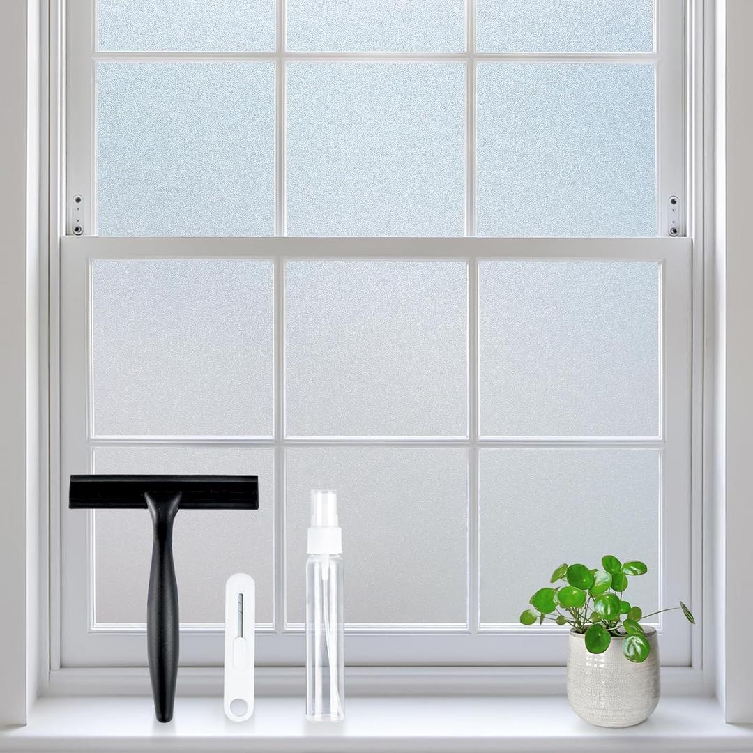 Rabbitgoo Frosted Glass Window Privacy Film, No Glue, Anti-Glare Heat Blocking, Easy to Install, Renter Friendly Removable Opaque Bathroom Window Clings for Glass, 35.4" x 157.4"