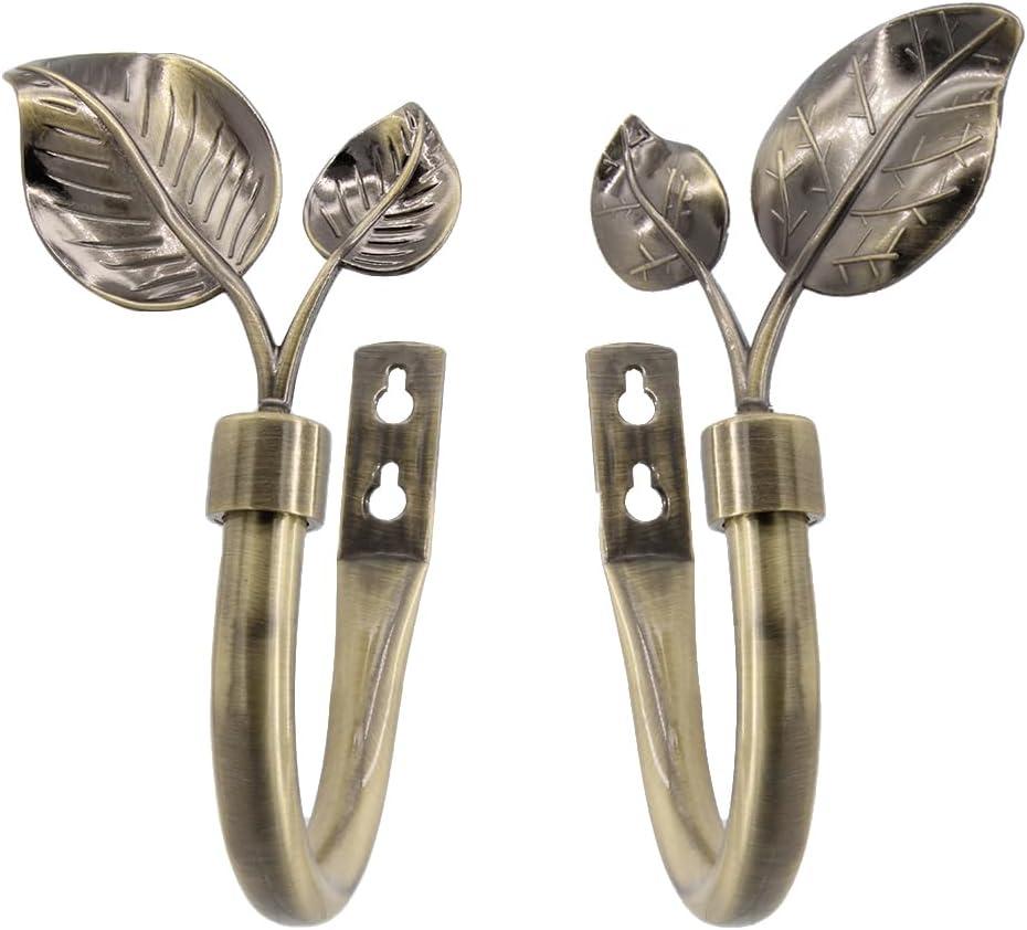 Premium Metal Leaf Curtain Holdbacks (2 Pack), Antique Brass Finish, Heavy Duty Hooks for Drapes, Sheers, Swags