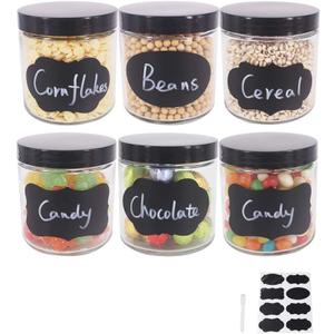 6 Pack 16 oz Glass Jars With Plastic Lids, Glass Kitchen Canisters Cabinet, Pantry Organization, Food Storage Jars for Flour, Sugar, Coffee, Candy, Snacks, 8 Chalk Labels, 1 Pen