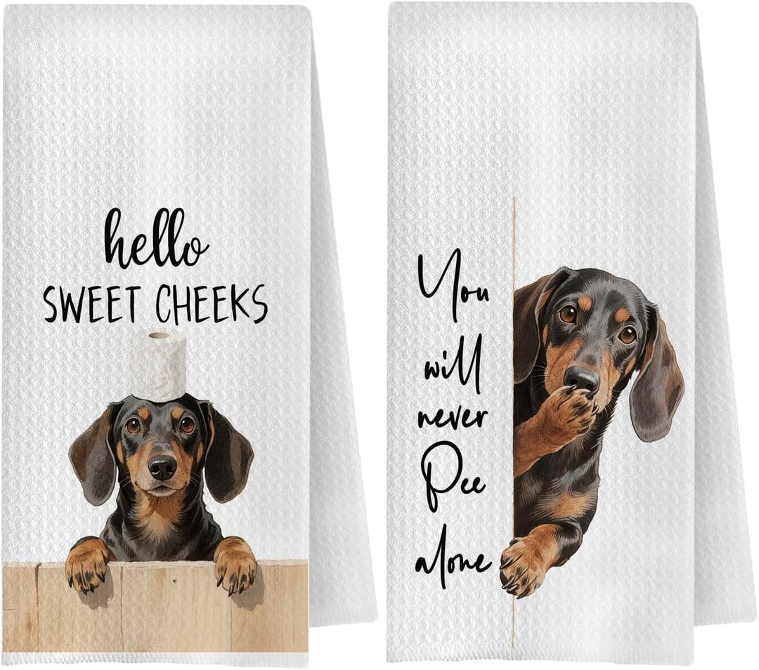 Funny Dachshund Bathroom Hand Towels, Weiner Dog Gifts for Women Men, Hello Sweet Cheeks Doxie Sausage Dog Decorative Hand Towel for Bathroom Washroom Toilet, 16x24 Inch Set of 2