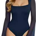 MANGOPOP Women's Square Neck Bell Sleeve Bodysuit Mesh Double Lined Body Suits Trend Going Out Tops Fall Outfits 2025, L