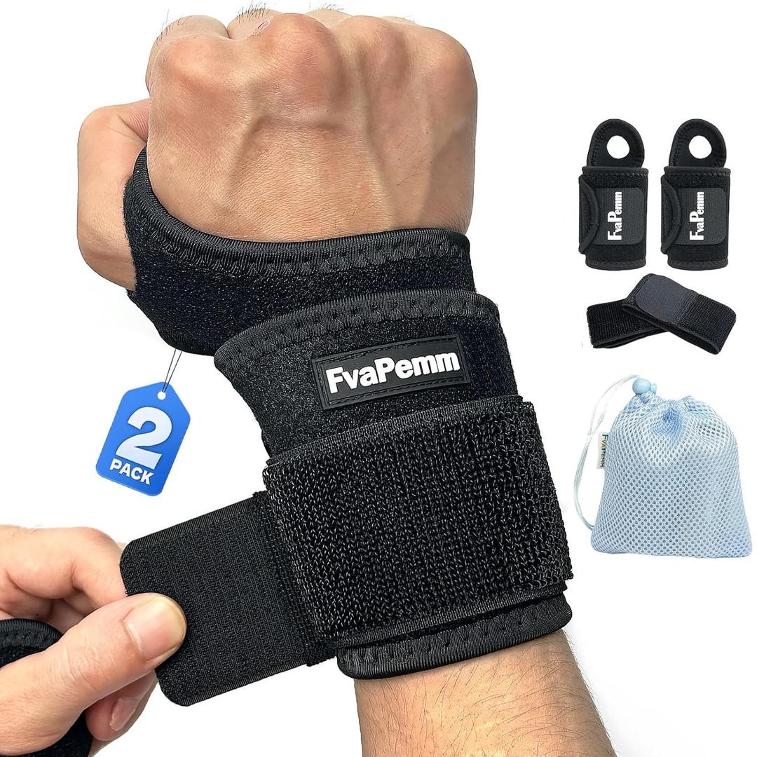 Wrist Brace for Carpal Tunnel 2 Pack Right Left Hand, Adjustable Wrist Brace for Day Night Support, Wrist Support Wraps for Women Men,Tendonitis, Arthritis, Weightlifting, Sports, Black (Free Size (Fit 5-10" Wrist Circumference))