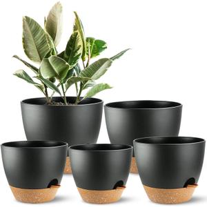 Self Watering Plants Pot with Drainage Hole, Flower Plants Pots for Indoor & Outdoor, Black Plastic Self Watering Planters Succulent Pot 5pcs/Set (7+6.5+6+5.5+5Inch)