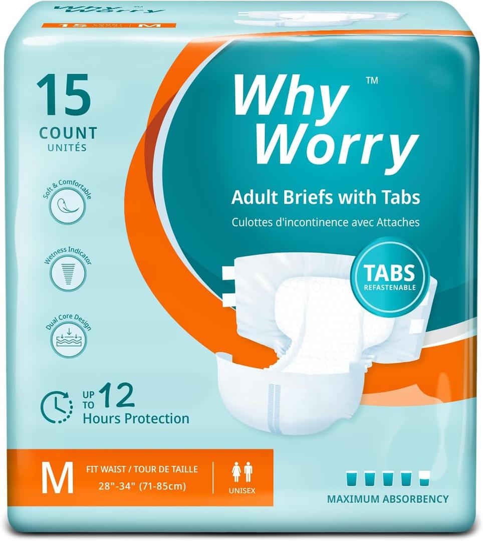 WhyWorry Adult Diapers with Tabs, Disposable Incontinence Briefs for Women & Men with Maximum Absorbency, Adult Briefs for Incontinence Overnight, Odor Control, Unisex, Medium, 15 Count