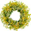 24-26 Yellow Faux Silk Wild Flower Spring Summer Easter Wreath for Front Door  Artificial Green Eucalyptus Leaves Farmhouse Front Porch Wall Wreath  All Season Outdoor and Indoor Use
