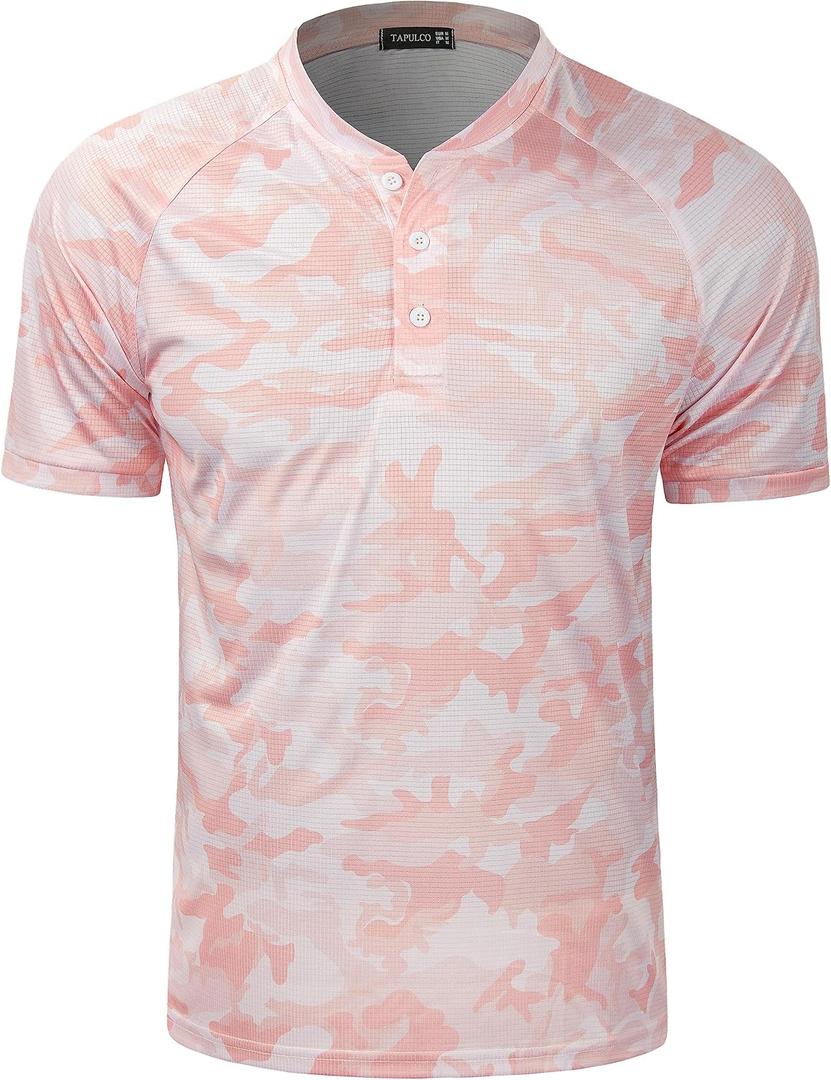 TAPULCO Mens Collarless Golf Shirts Short Sleeve Dry Fit Stretch Casual Breathable Lightweight Tshirts (Pink, S)