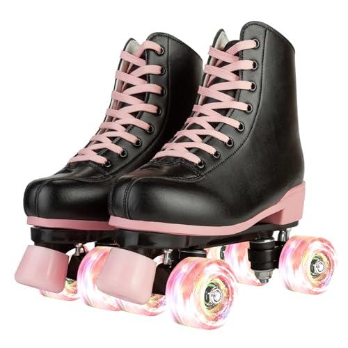 Silvertree Roller Skates for Women and Men PU Leather High-top Adult Roller Derby Skates Wheels Light Up Roller Skate Four-Wheel Shiny Roller Skate Unisex (US:7)