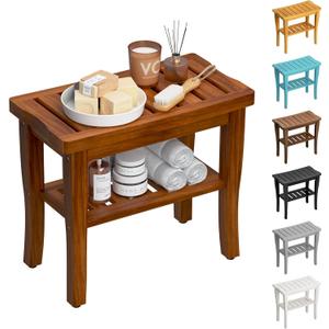 Teak Shower Bench Stool with Storage Shelf, Waterproof Shower Chair Spa Bath Seat, Shower Stool for Inside Shower, Bathroom Bench Seat for Adults Elderly Seniors for Indoor or Outdoor Use