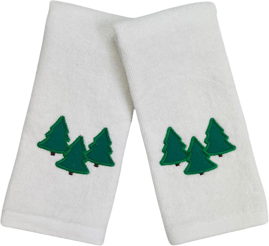 Serafina Home Farmhouse Christmas Fingertip Towels: Plush Velour Cotton Embroidered Forest Trees, One with Decorative Plaid, Set of 2