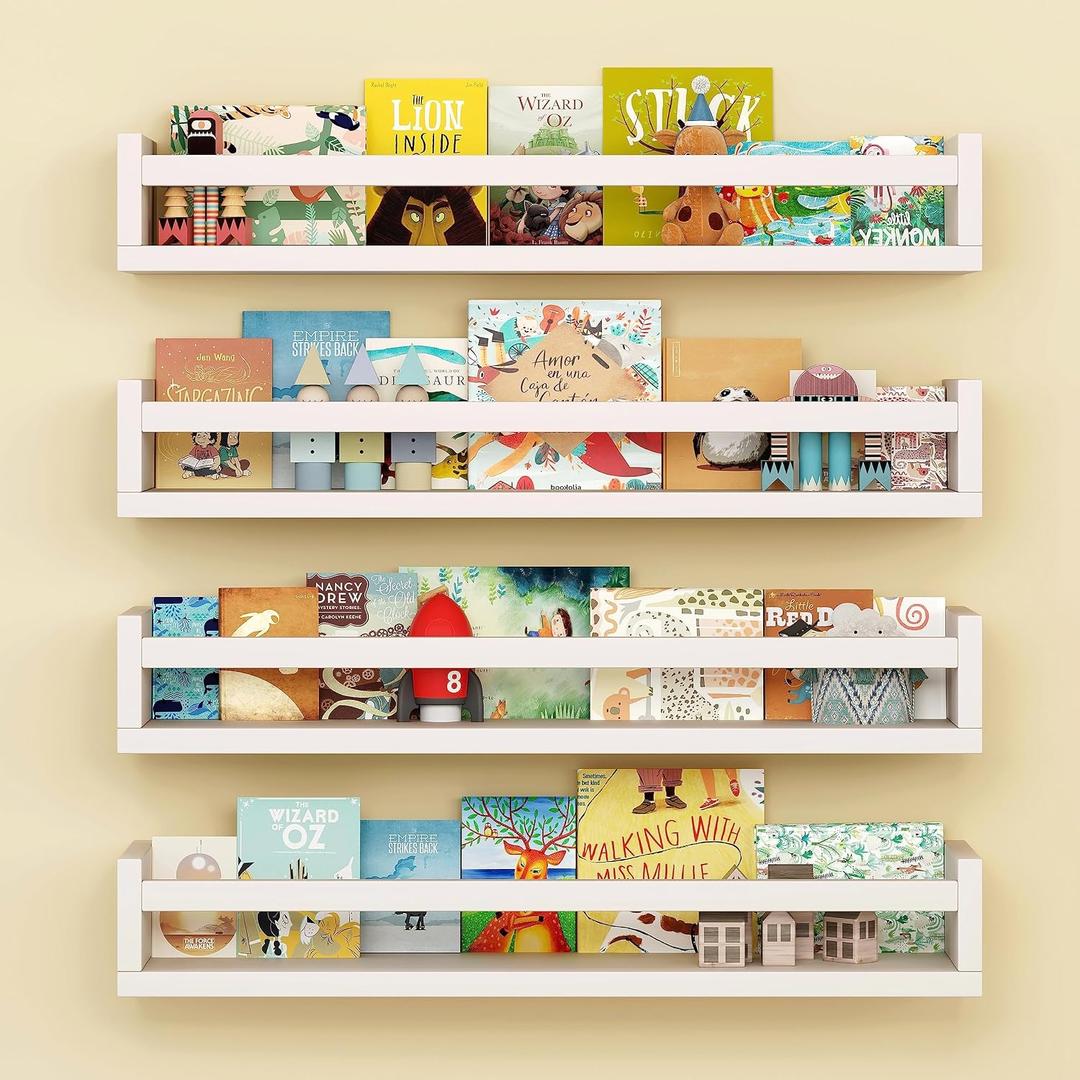Onlysky Set of 4 Wall-Mounted Kid's Bookshelf - White Floating Nursery Book Shelves - Durable Wood Construction - Ideal for Nursery Decor, Kids Room, Toy Storage, 23 Inches