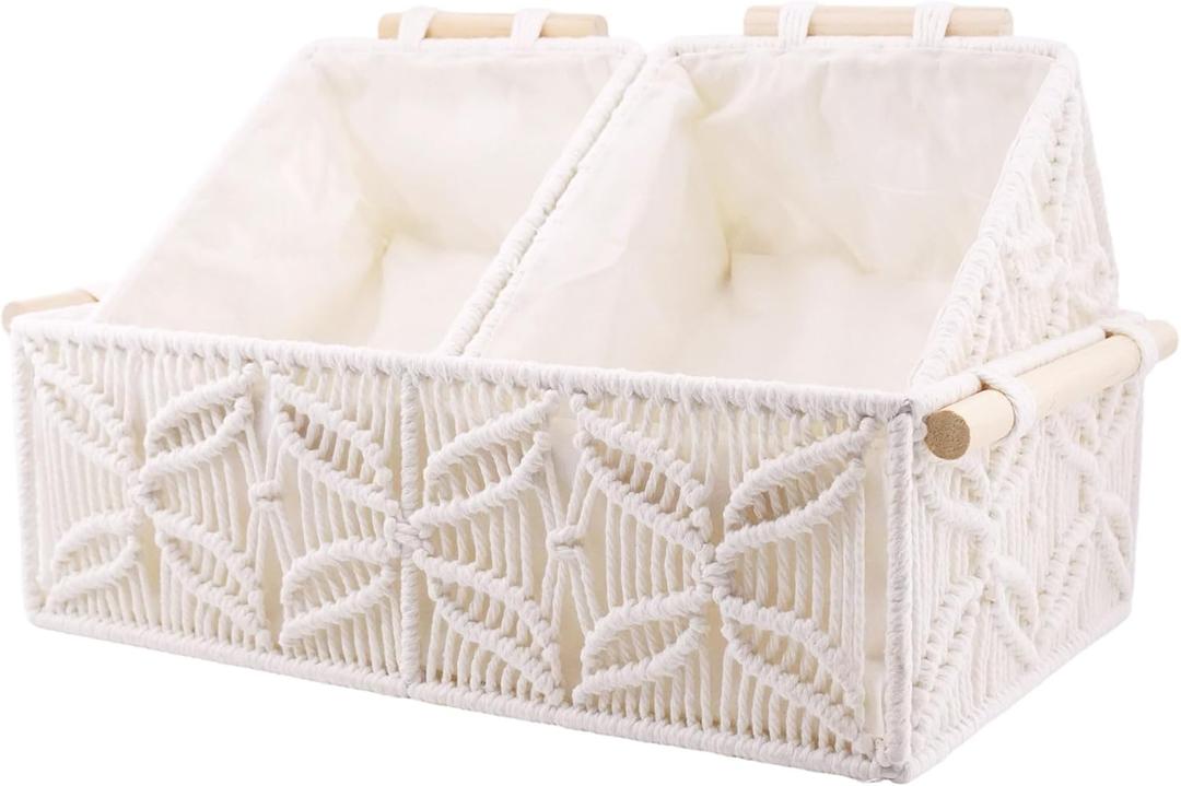 YAHUAN Macrame Storage Baskets with Wood Handles Handmade Woven Boho Decor Box for Organizing on Shelf Cabinet Countertop - Set of 3 (White)