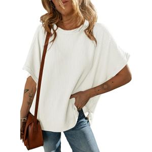 Dokotoo Womens Ladies Oversized T Shirts for Women 2025 Fahion Short Sleeve Crewneck Tunic Texture Knit Tops Casual Solid Summer Loose Fitting Trendy Slouchy Tee Shirts White X-Large