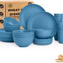 Dinnerware Sets for 8, Wheat Straw Bowls and Plates Set, Microwave and Dishwasher Safe Dish Sets 32 PCS, Unbreakable & Lightweight Camping Plates Cups and Bowls Set for Kitchen - Blue