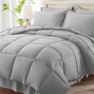 Anluoer Full Comforter Set 7 Piece, Light Grey Bed in a Bag with Comforters, Pillow Shams, Pillowcases, Flat Sheet, Fitted Sheet (Full(82"*86"))