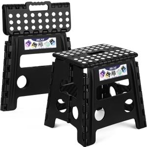 Delxo Folding Step Stool 13 Inch 2 Pack, Black Non-Slip Foldable Stools for Kids & Adults Up to 300 LBS, Step Stool with Handle, Lightweight for Kitchen/Bathroom/Bedroom/Garden