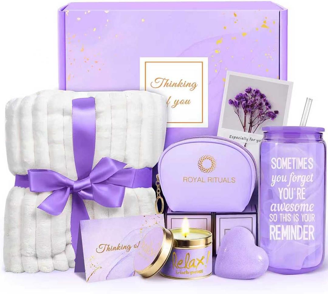 Christmas Gifts for Women Mom Wife Best Friend Teen Girls, Self Care Gift, Get Well Soon Gifts for Women, Thinking of You Care Package for Her, Spa Bath Gift Baskets, After Surgery Gift Blanket (Lavender)