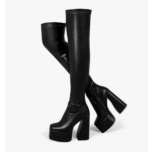 LanreyTaley Platform Thigh High Boots for Women Chunky Block Heels Over The Knee Boots Stretch Go-Go Boot Square Toe Party Boots with Zipper Black 40