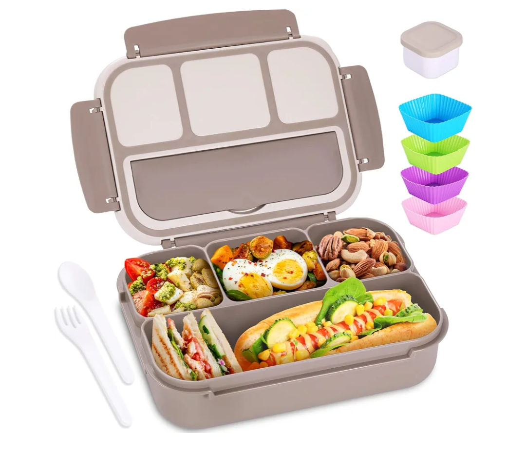 Bento Box Adult Lunch Box, Containers for Adults Men Women with 4 Compartments, Lunchable Food Container with Utensils, Sauce Jar, Muffin Liners, 40 Oz/5 Cup, Microwave & Dishwasher Safe, Grey