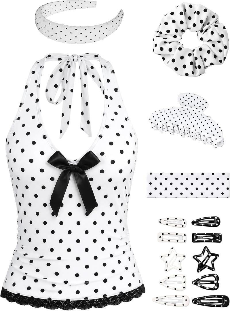 25 PCS Women Y2K Polka Dots Halter Top with Polka Dots Accessories