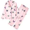 Umeyda Pajamas for Girls, Satin Silk Pjs Long Sleeves Soft Button Lounge Pants Sleepwear Set for Kids Teens, Baby Pink Butterfly, XS