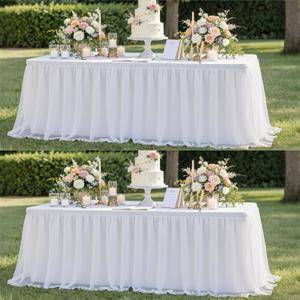 leegleri 2 pk White Tulle Tablecloths for 6 Foot Rectangle Tables, Floor Length 2-in-1 Tulle Table Cover with Draped Skirt,Wrinkle Free Stretchy Fitted Table Clothes 6ft for Wedding Party Decor