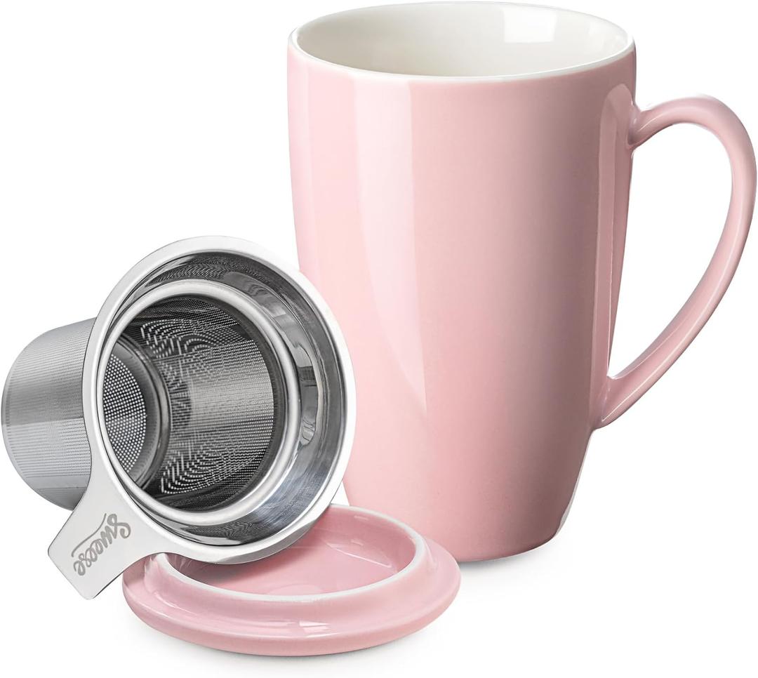 Sweese 15 OZ Porcelain Tea Mug with Infuser and Lid, Loose Leaf Tea Cup, Gifts for Tea Lover, Pink