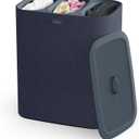 Joseph Joseph Tota Trio 90 liter/23.8 gallon Laundry Hamper Separation Basket with lid, 3 Removable Washing Bags with Handles- Black (Black/Dark Blue)