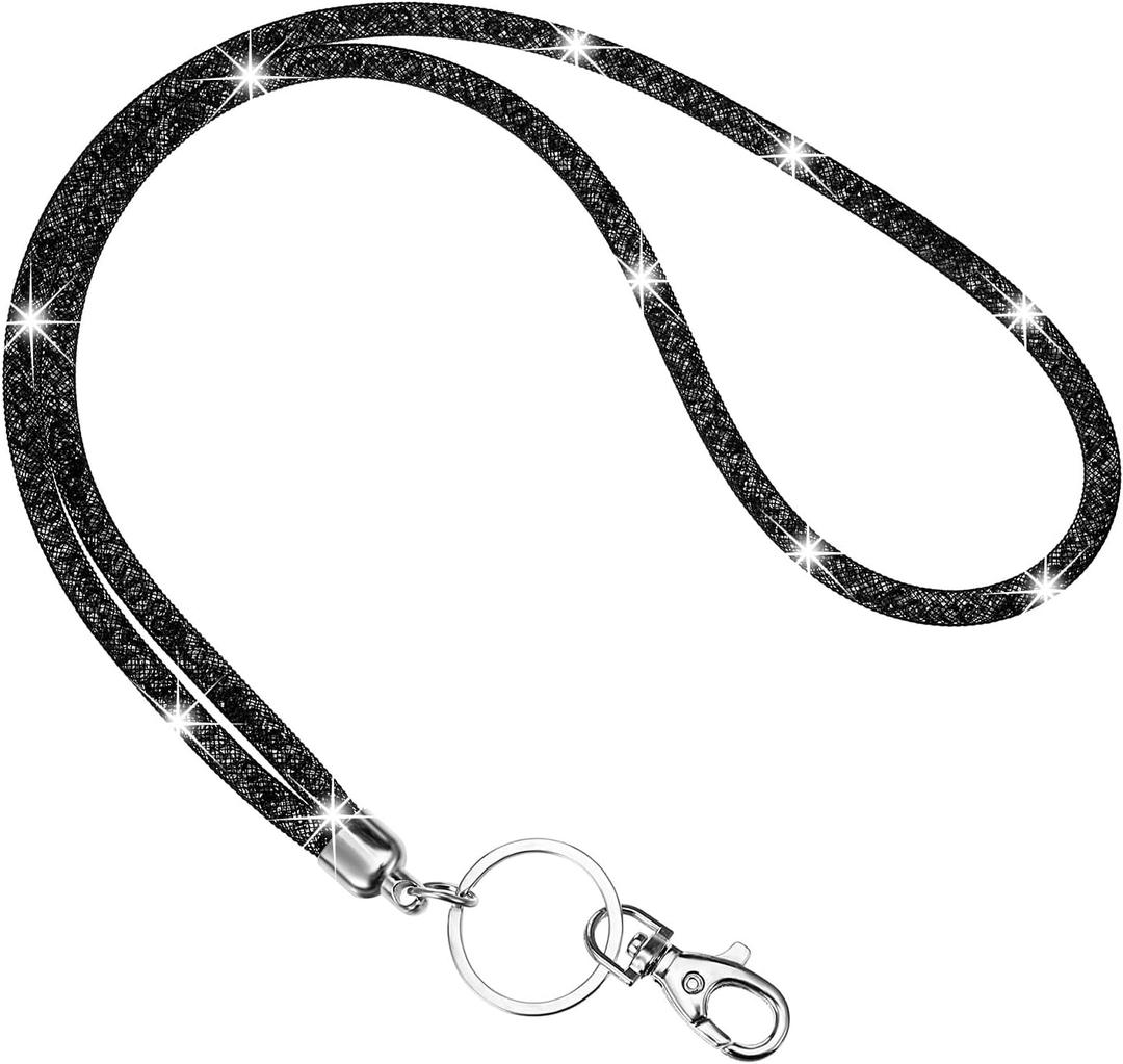 Ymapinc Crystal Lanyard, Rhinestone ID Badge Holder with Metal Clasp & Keyring, Sparkly Bling Neck Strap for Keys and Cards (Black)