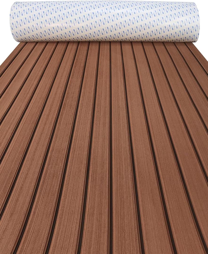KXKZREN EVA Foam Boat Decking with 3M Adhesive Backing - Strong Self-Adhesive Faux Teak Flooring Sheet 94.5" x 47.2"/35.4"/11.8" Anti-Slip Marine Mats for Motorboat Jon Boats Yacht Kayak (Dark Brown with Black Seam)