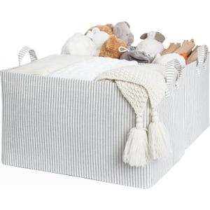 StorageWorks 45L Large Storage Bins for Closet and Shelves, Fabric Organizer Baskets with Metal Frame for Clothes, Towels, Collapsible Storage Basket, Gray and White Stripes, 2-Pack