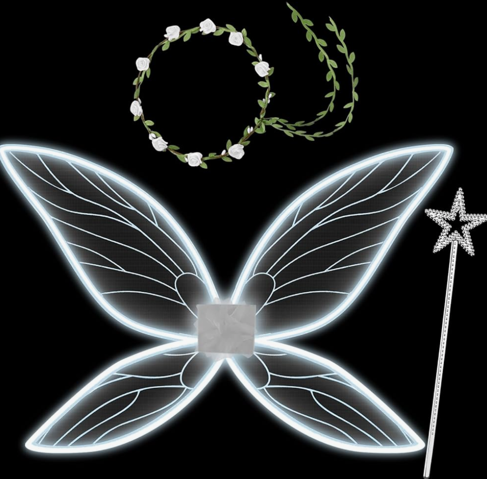 Janinka Light Up Fairy Wings for Adults, LED Butterfly Wings for Women Fairy Costume with Wreath Wand for Halloween Cosplay