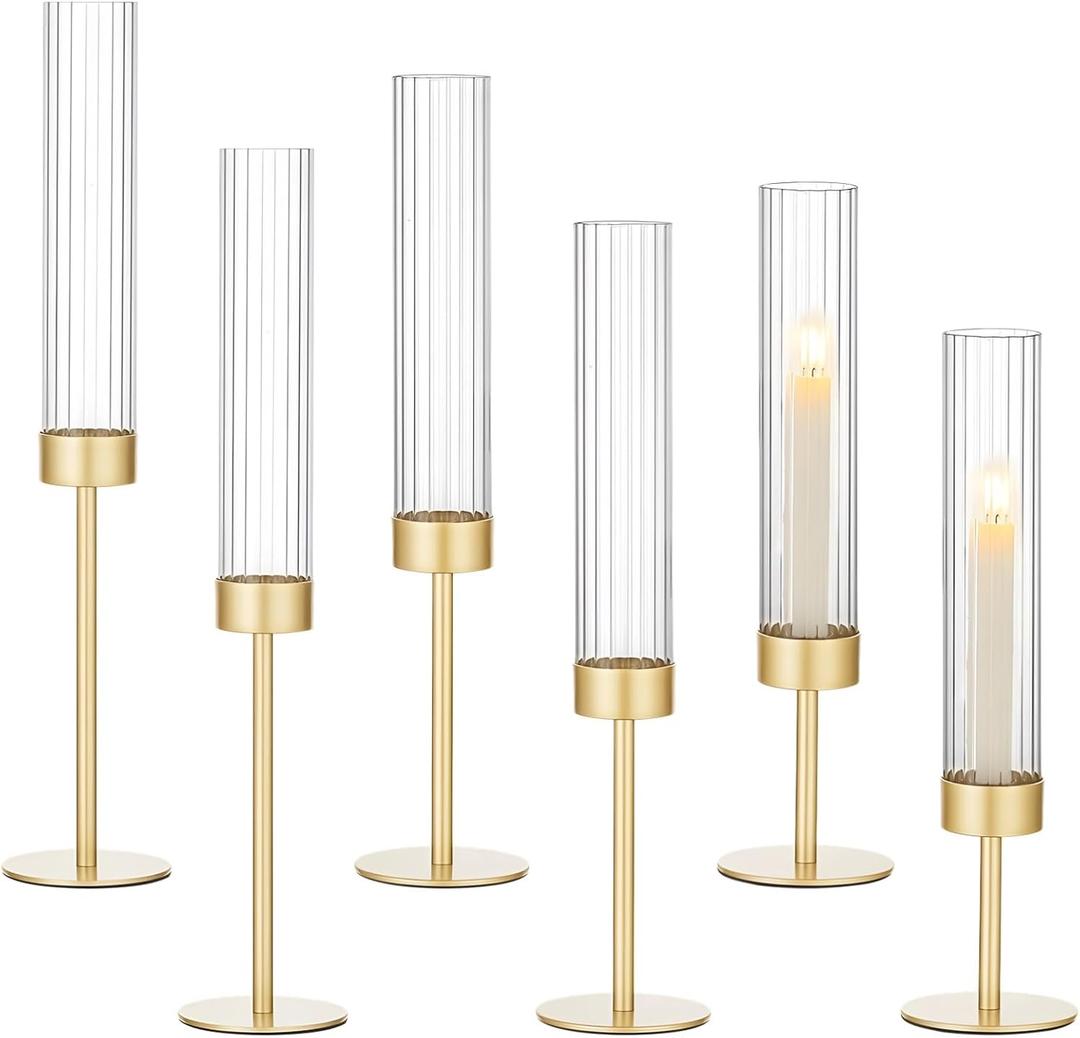 6 PCS Golden Hurricane Candle Holders - Tall Taper Fluted Candle Holder Set, Removable Glass Windproof Brass Candlestick Holders, Anti-Slip Metal Base, Elegant Table Decor for Wedding, Party