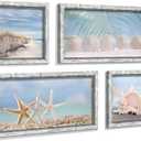 Starfish Prints Wooden Wall Art: Ocean Art Set of 4 Seashell Pictures Collection Beach Framed Wall Decor for Bedroom Overall 36"W x 24"H (White Sand Dollar)