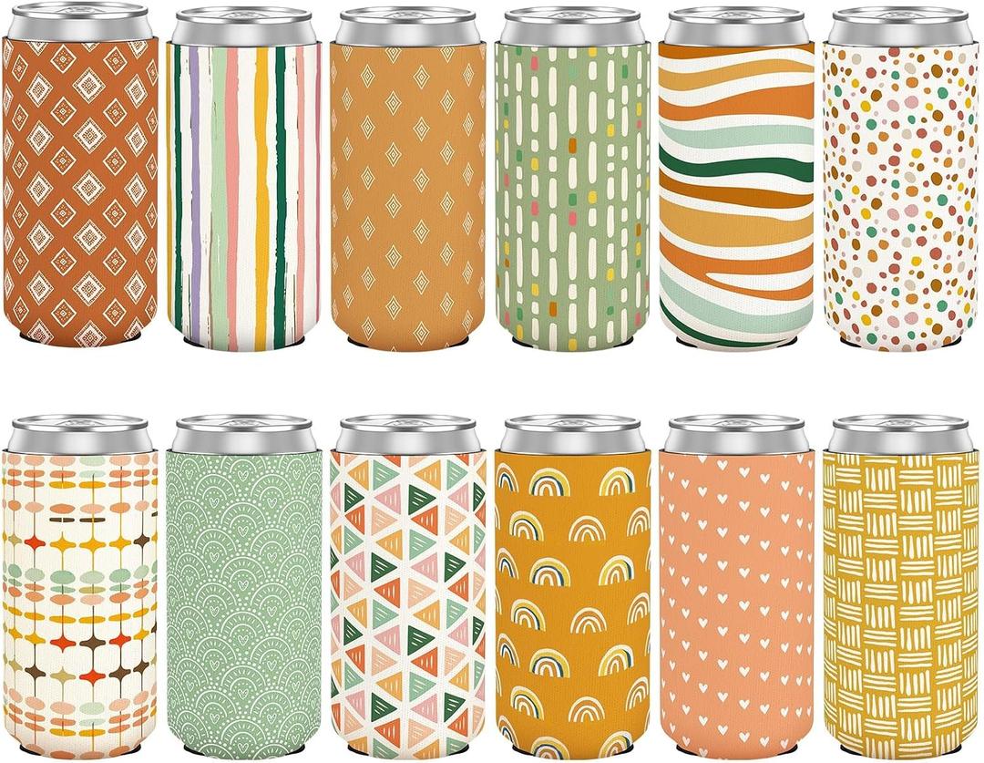 12 Pcs Boho Can Cooler Sleeves, Reusable Neoprene Insulated Drink Sleeve Bulk for 12oz Cans Bottles Beverages, Perfect for Summer Party Favors Gifts Decors, 12 oz Slim