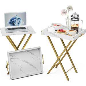 Folding TV Tray Tables, Set of 2 Side Table for Small Place, Snack Eating Tables at Couch, Folding Tables with Removable Serving Tray, Portable End Table Easy Assembly (White)