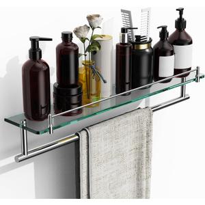 24-Inch Towel Rack with Shelves Tempered Glass Bathroom Shelves with Bar - Chrome Polished Modern Stainless Steel, Wall Mount Rustproof Tower Rail, 24-inch with Railing