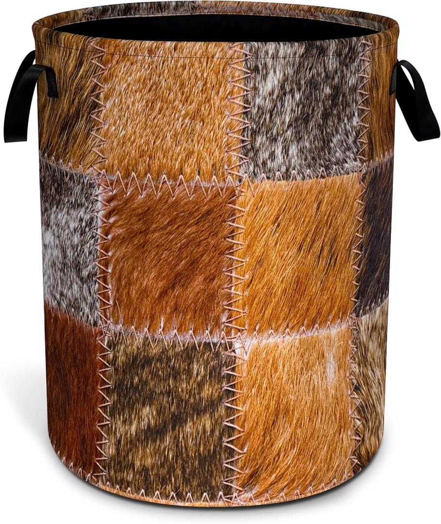 Faux Cowhide Patchwork Pattern Laundry Basket Oxford Cloth Funny Texture Laundry Hamper With Handle Foldable Portable Clothes Storage Basket 18.9 X 16.5 Storage Bag For Laundry Room/Bathroom/Bedroom
