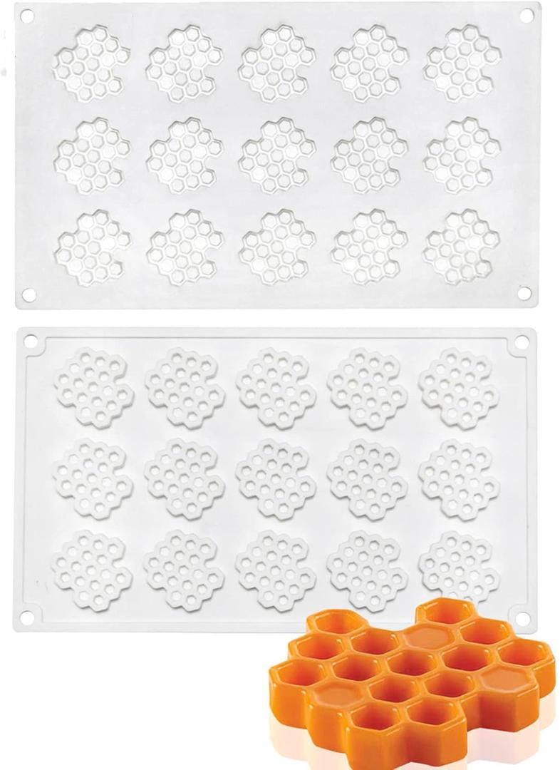 2 Pcs 15 Cavity Honeycomb Bee Silicone Fondant Mold,Bee Candy Silicone Mold,Silicone Honeycomb Molds for Chocolate Candy Cake Cupcake (White)