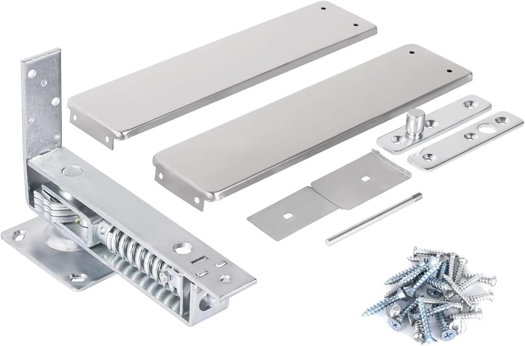 Double Action Spring Hinge, Includes Cover Plates, Stainless Steel Spring Pivot Hinge for Wood Door, Self-Closing Door Hardware with Adjustable Telescoping Shaft, Silver 