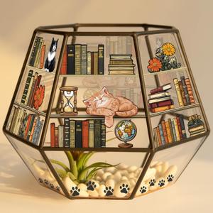 Glass Cat Book Planter Pot Light-Transmitting with Drainage Holes and Saucer - Plant Lover Gifts for Women, Men Gifts for Book Lovers Cat Planters for Indoor Plants Living Room Garden/Patio Decor
