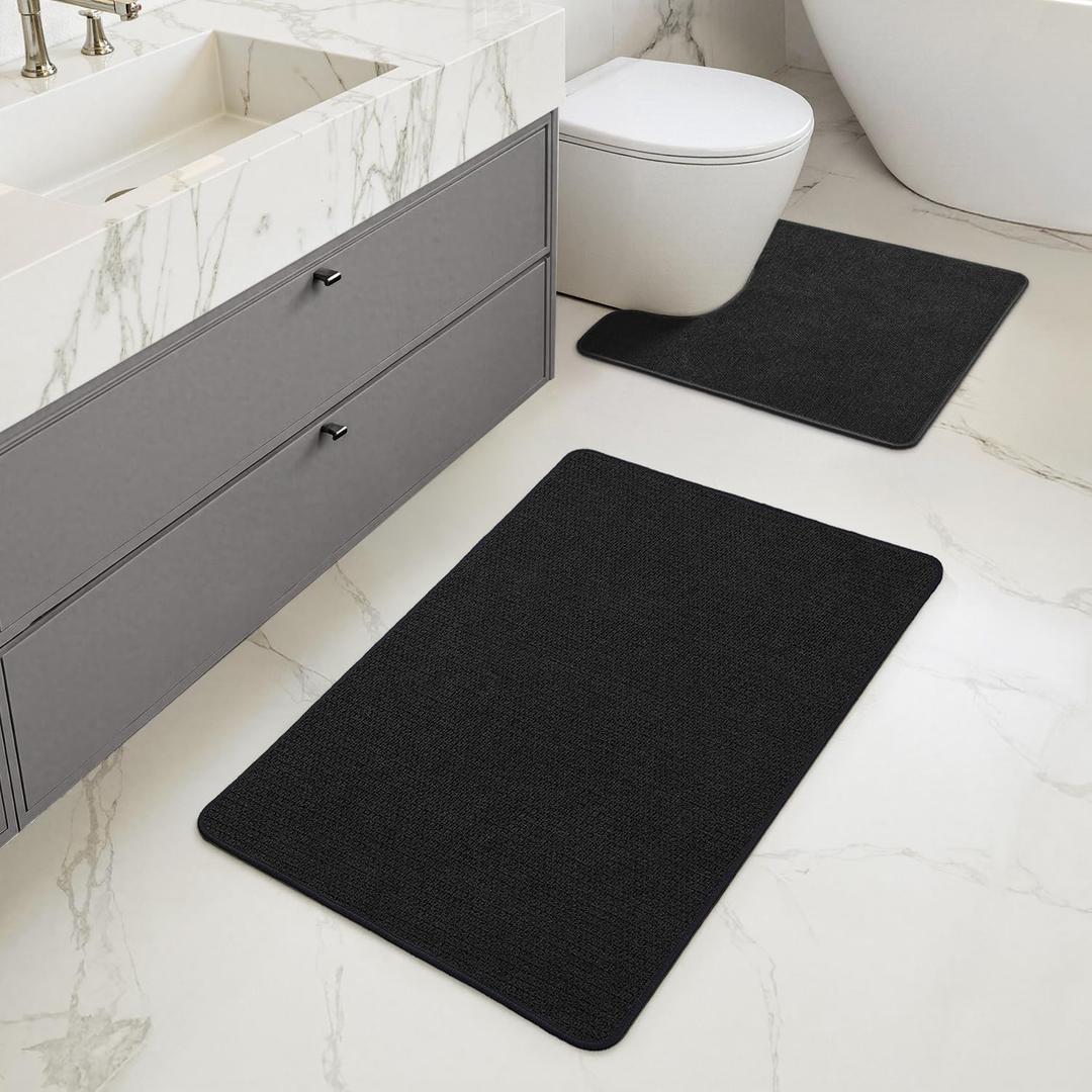 MIULEE Set of 2 Ultra Thin Bathroom Rugs, Rubber Bath Mat, U-Shaped Toilet Rug for Bathroom, Non Slip Quick Dry Absorbent Machine Washable, Fit Under Door, Shower, Sink, Black, 17"x27"+20"x24"