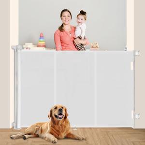 71 inch Retractable Baby Gates 48 inch Tall, Retractable Gate with Reinforced Strip Design to Prevent Crawling Through, 6 FT Retractable Dog Gate for Stairs, Doorways, Hallways (White)
