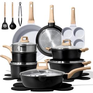 CAROTE 21pcs Pots and Pans Set Nonstick, Cookware Set Black Induction Kitchen Cooking Set w/Frying Pans & Saucepans(PFOS, PFOA Free), 21 Piece