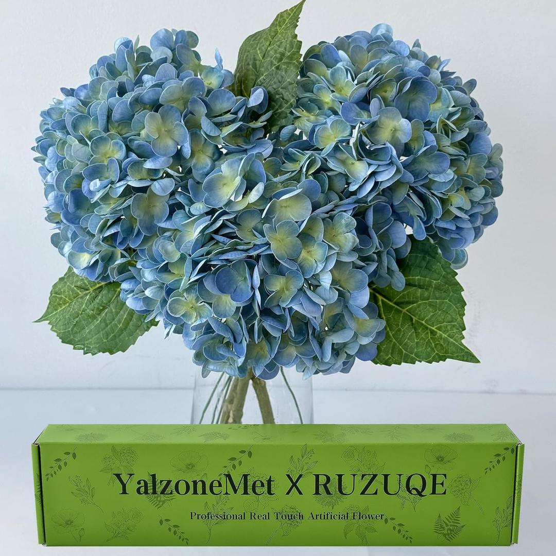 YalzoneMet 3 Pcs Blue/Green Hydrangea Artificial Flowers 21'' Real Touch Latex Hydrangea Faux Flowers for Wedding Tables Centerpieces Baby Shower for Party Home Kitchen Living Room Decor
