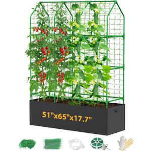65" Cucumber Planter with Trellis for Climbing Plants Outdoor, Metal Garden Trellis for Raised Bed, Plant Support Structures with Netting for Cucumbers Tomatoes Beans Peas (50 * 17 * 65inch(L*W*H)